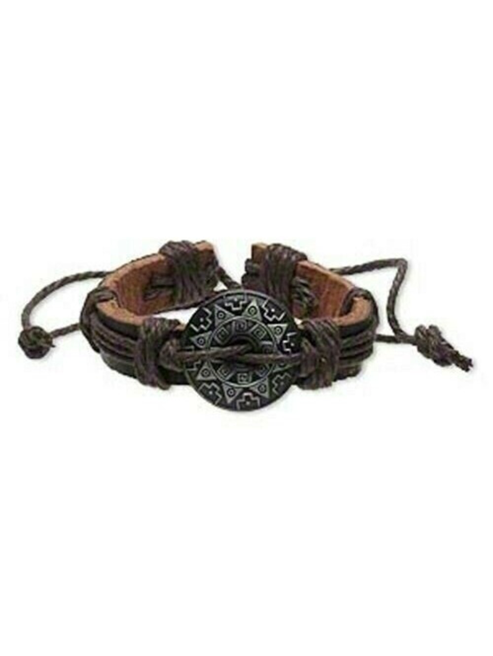 Handmade Brown Black Aztec Tribal Sun Leather Silver Pewter Adjustable Bracelet
